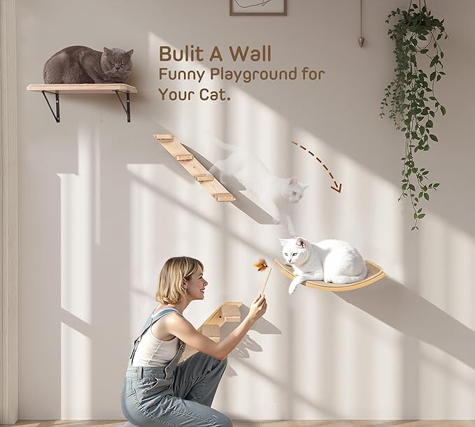 Cat Wall Shelves Set with Sisal Cats Window Perch, 4 Piece Wood Climbing Furniture with Curved Sisal Bed, Flat Shelf & Two Wall-Mounted 4 Steps Cat Stairs