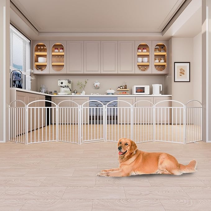 8 Panles Full Matel Freestanding Dog Gates with Door, 192"Extra Wide 32"Tall Free Standing Dog Pet Gate for Indoor & Outdoor. Foldable Pet Fences for Doorways, House, Stairs, Porch, Deck, Yard
