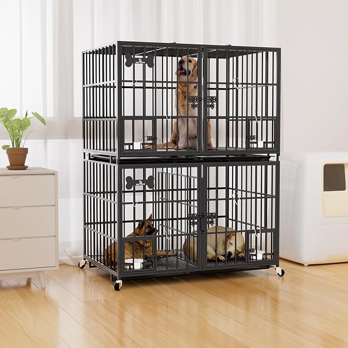 aboxoo 42 inch Stackable Heavy Duty Metal Dog Crate for 4 Dogs/Large Dog,All Metal Open Top Access,Escape Proof Cage,Dog Kennel Indoor with Wheels,Floor Grid, Tray, Divider and Feeding Bowl