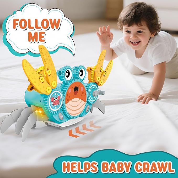 Alritz Crawling Crab Baby Toy, Developmental Tummy Time Toys for Crawling, Walking Crab Toy DIY Gear-building, with Sensory Light-Up, Dancing Crab Toys for Infant Boys Girls 3-6 6-12 36 Months Age 3 +