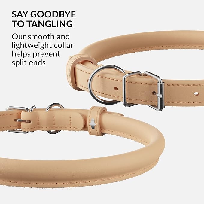 CollarDirect Rolled Leather Dog Collar, Soft Padded Round Puppy Collar, Handmade Genuine Leather Collar Dog Small Large Cat Collars 13 Colors (13-16 Inch, Beige Smooth)