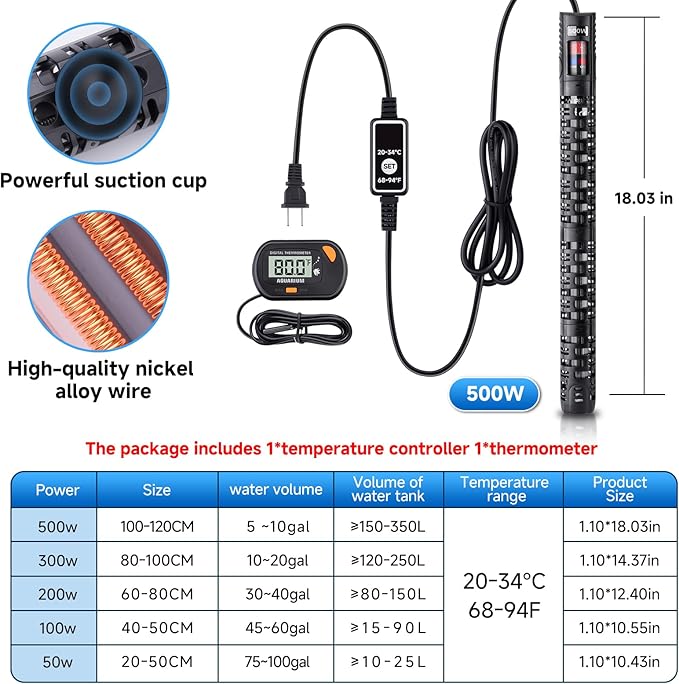 Aquarium Heater Submersible Fish Tank 500W& Turtle Tank Heater with External Adjustment Controller, Included Thermometer, LED Display, Overheat Protection, Detachable Cover, for Saltwater&Freshwater