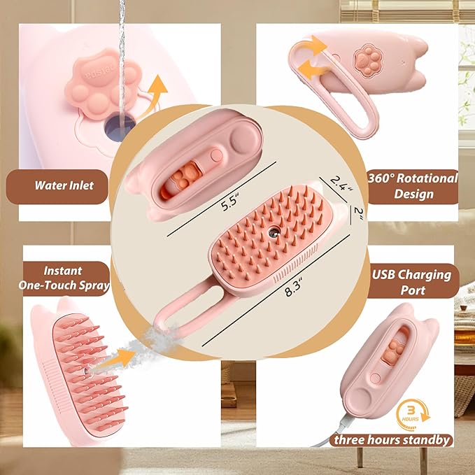 4 in 1 Cat Steam Brush Rechargeable Anti-Static Pet Spray Hair Removal Comb for Shedding and Grooming Multi-functional Pet Massage Brushes for Cats Dogs Small Animals