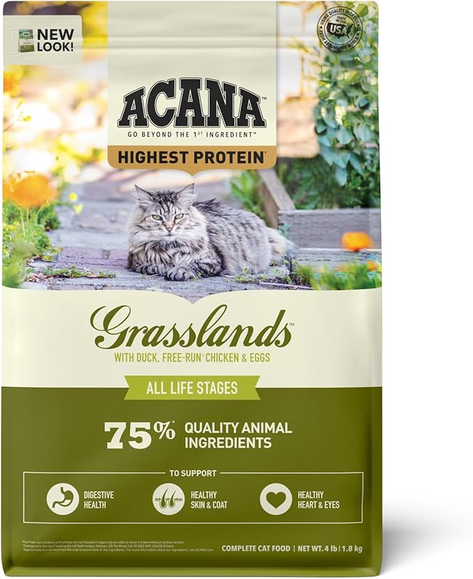 ACANA Highest Protein Grasslands Grain-Free Dry Cat Food, Duck, Free-Run Chicken and Eggs Cat Food Recipe, 4lb