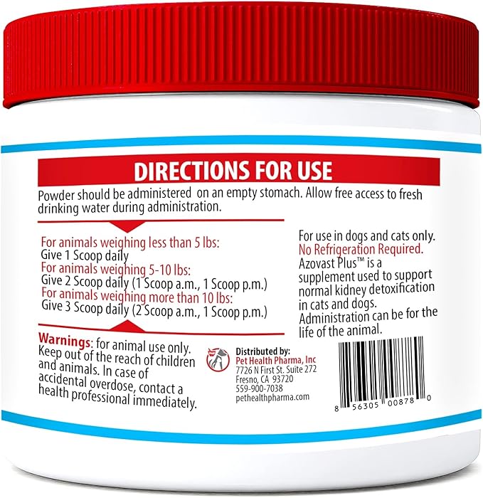 Azovast Plus Kidney Health Supplement for Dogs & Cats, Oral Powder (6 Oz) - (120 Doses/Jar) NO Refrigeration Required - Help Support Kidney Function & Manage Renal Toxins (Made in U.S.A) (6 Oz)