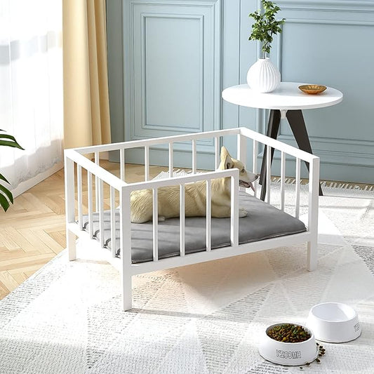 Dog Bed with Rails - Elevated Pet Metal Bed Frame with Solid Wood Board and Washable Soft Mat for Small Dog Indoor or Outdoor Use, 21.3" x 30 ", White