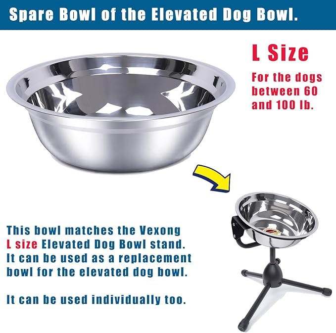 2 Pack, L Size Bowls, Matches Vexong L Size Elevated Dog Bowl Stand, for Dogs Between 60 and 100 lb, Stainless Steel Dog Bowl, Capacity 0.8 Gal / 12.5 Cup / 106 Oz / 3 Liter, Rustproof, Durable,