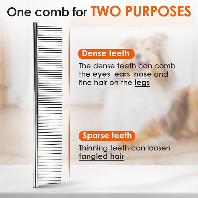Dog Comb to Remove Tangles and Knots, Cat Comb with Stainless Steel Teeth and Non-Slip Handle, Dog combs for grooming matting for Long Haired Pets (Small)