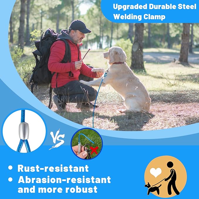 Dog Tie Out Cable - 10/15/20/25/30 FT Blue Steel Wire Cable with Durable Clips - Large Dog Lead for Outside Use - Up to 165 lbs