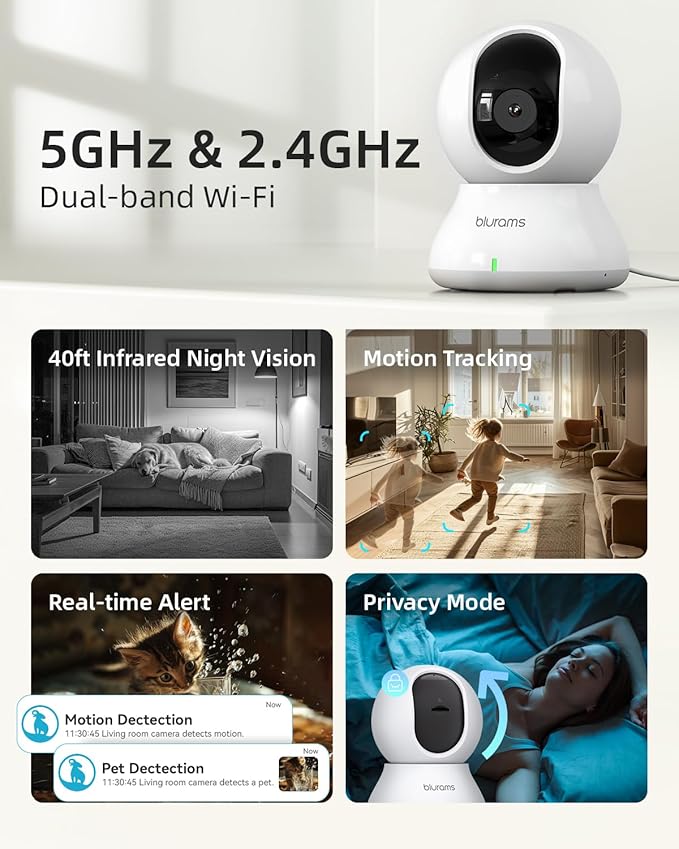 blurams Indoor Security Camera, 5GHz/2.4GHz Dual-Band, 2K PZT Pet Camera with Phone App, 360° Cameras for Home Security, 2-Way Audio, Motion Tracking, Night Vision, Siren, Cloud&SD