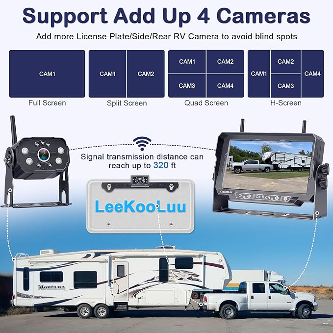 Dual RV Backup Cameras Wireless - Ease Install Plug-Play Recording HD 1080P 7'' Touch Key Monitor Trailer Truck Rear View Cam Night Vision Signal No-Delay 4 Channels for Furrion Pre-Wired Mount