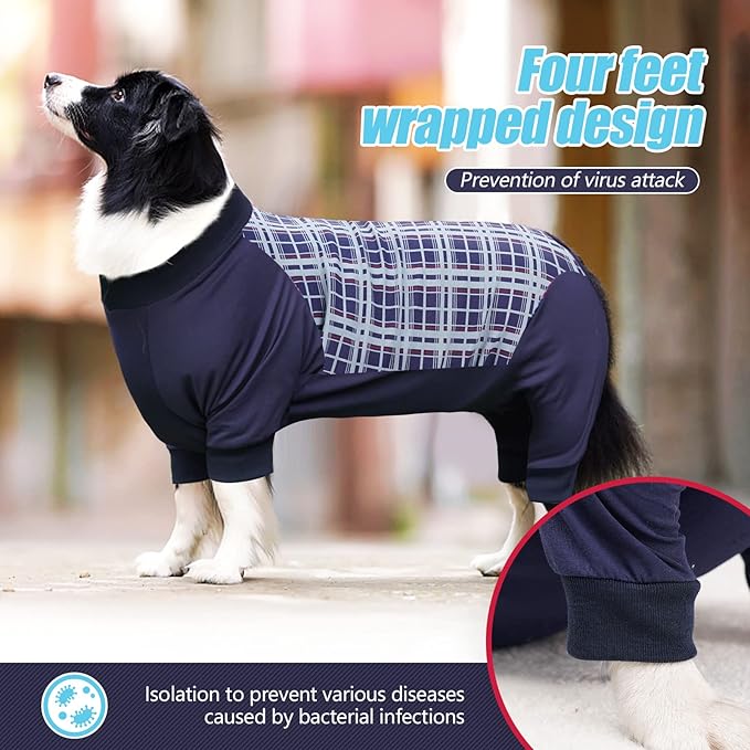 Dog Recovery Suit, Abdominal Wound After Surgery Wear, Anti Licking Bodysuit with Zipper, E-Collar & Cone Alternatives, Plaid Dog Spay Surgical Shirt Prevent Shedding(3XL, Blue)