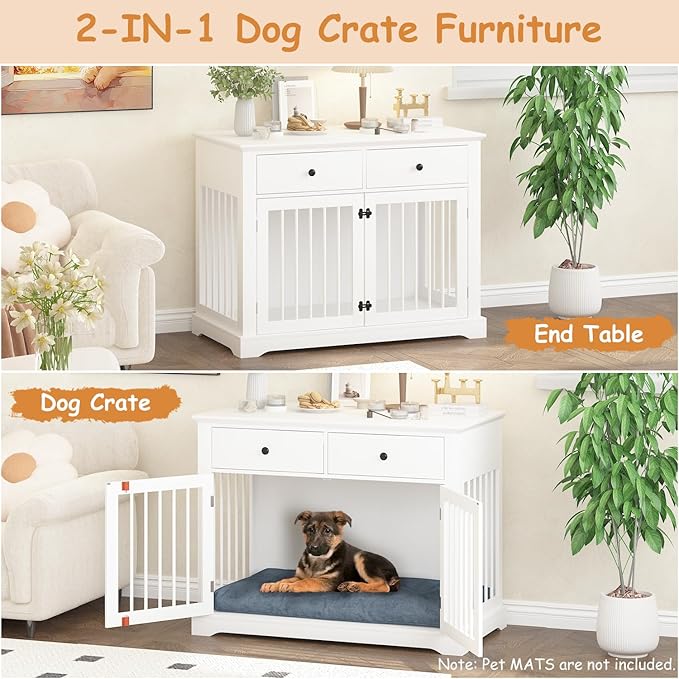 Dog Crate Furniture, 44 Inch Wooden Dog Kennel Indoor with 2 Storage Drawers, Heavy Duty Large Crate Furniture, Decorative End Table Cage Furniture for Small/Medium/Large (White)