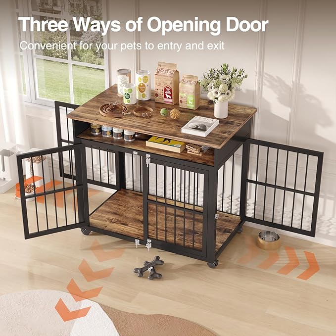 39.4" Dog Crate Furniture for Medium and Large Breed, Dog Kennel Furniture with Storage Shelf & Lockable Wheels, Heavy Duty Wooden End Side Table Pet Cage Indoor, Chew-Resistant, Brown