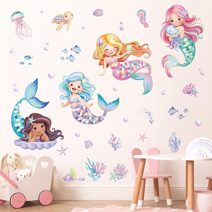 decalmile Under The Sea Mermaid Wall Decals Ocean Fish Starfish Turtle Wall Stickers Baby Nursery Girls Bedroom Bathroom Wall Decor