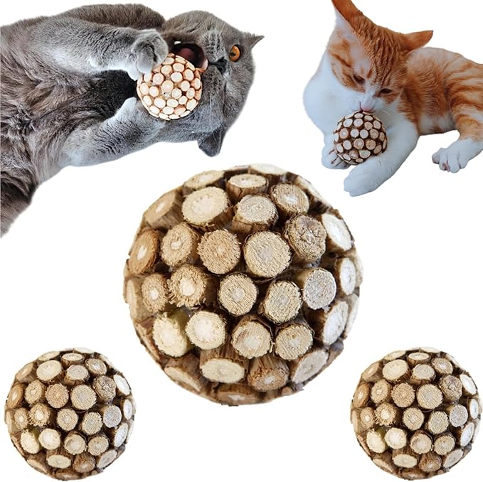 3PCS Cat Ball Toy,Silvervine Ball with Catnip Gall Fruit silvervine Sticks Powder Inside,Catnip Toys for Indoor Cats,Kitten Cleaning Teeth Cat Chew Toy