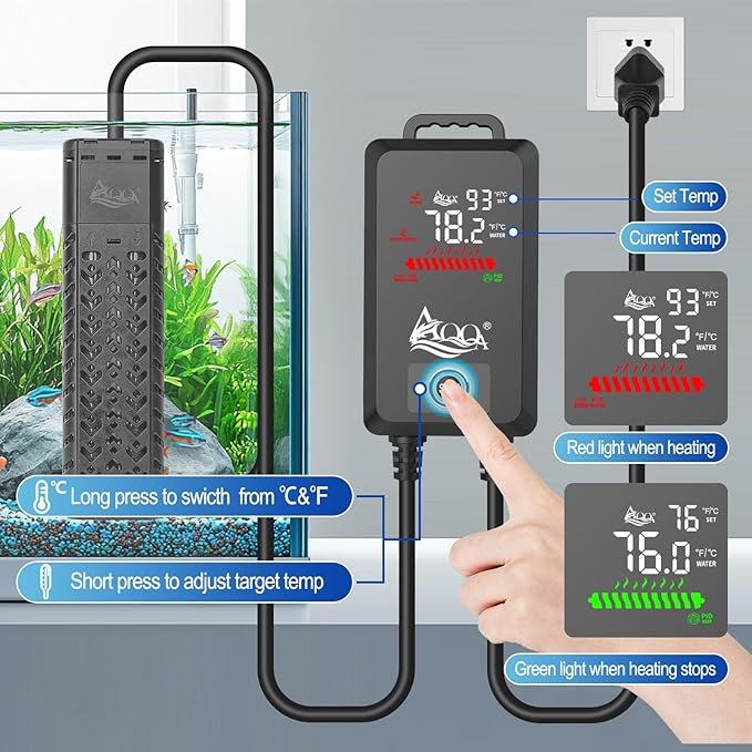AQQA 1000W Fish Tank Heater 135-258 Gallon Submersible Aquarium Heater Quartz Glass Betta Fish Heater for Aquarium Thermostat Heater for Freshwater and Saltwater (AQ136-1000W for 135-258Gal)