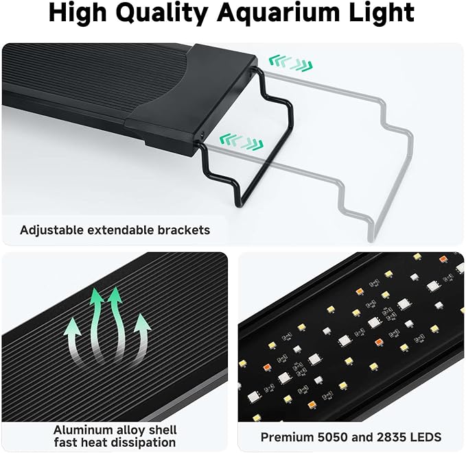 AQQA LED Aquarium Light, 24/7 Mode IP68 Waterproof Extendable Bracket Fish Tank Light, DIY Mode Full Spectrum Aquarium Plant Light, Adjustable Timer/Brightness Memory Function for 24-32 Inch Fish Tank