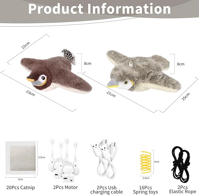 2 PCS Cat Toys, Flapping Bird Cat Toy(No Flying), Interactive Catnip Toy with Catnip Bags, Chirping Noise Moving Wings Dog Cat Kitten Toys, Flappy Flying Pets Toy for Indoor(Brown&Gray Sparrow)