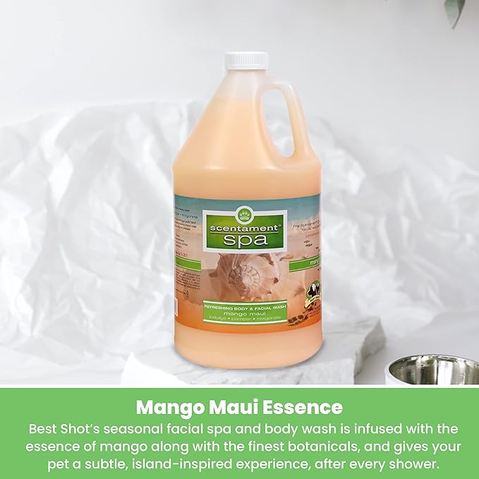 Best Shot Scentament Spa for Pets, Seasonal Facial Spa and Body Wash, Mango Maui, Tearless Shampoo, Hypoallergenic Body Wash, Reduces Tear Stains, 1 Gallon