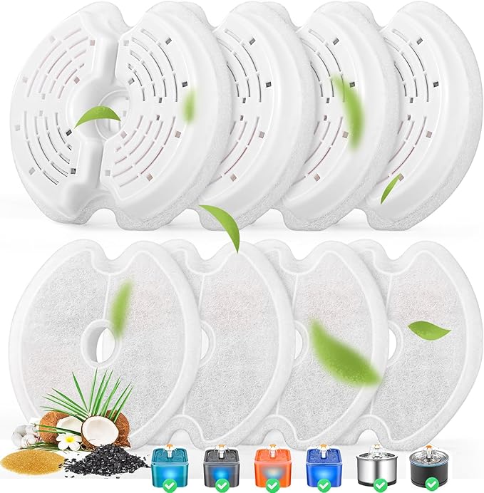 Cat Water Fountain Filters for 84oz/2.5L Stainless Steel Pet Fountain and 67oz/2.0L Plastic Cat Drinking Fountain, 8 Pack Pet Replacement Filters Set