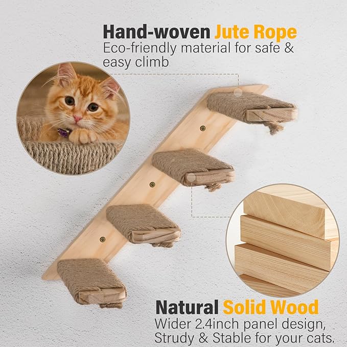 2 Pack 4 Steps Cat Wall Shelves Cat Stairs for Wall with Sisal Rope.Cat Wall Steps/Ladder Furniture ＆ cat Tree Supplies(Catstairs 2Pack-4Steps)