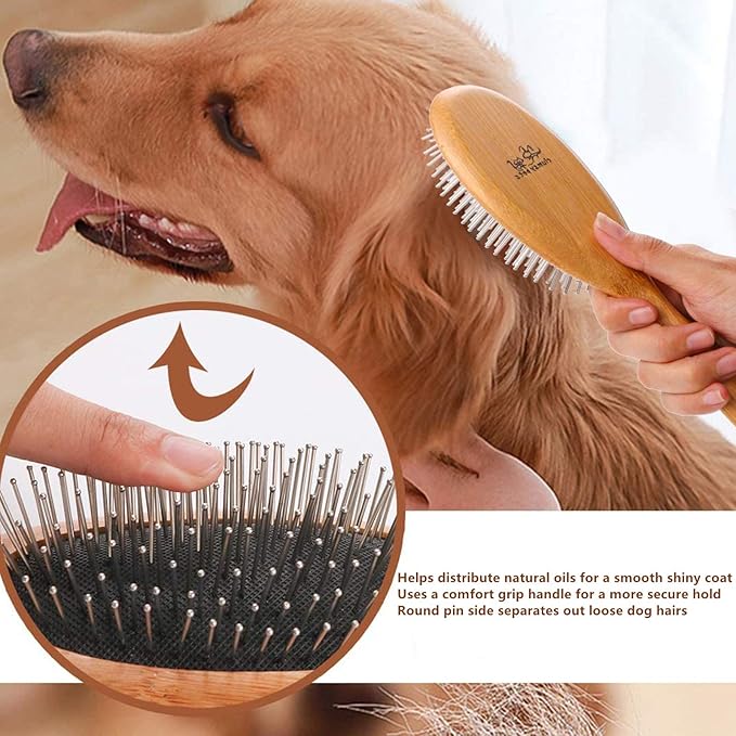 ClumsyPets Dog & Cat Ball Pin Slicker Grooming Brush with Bamboo Handle for Pets Massage Bath and Removes Mats Loose Fur Hairs