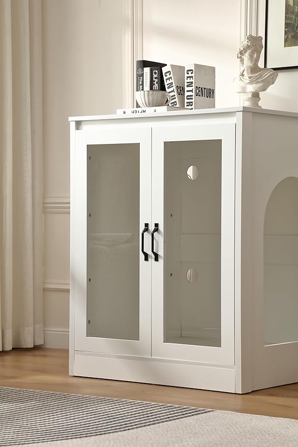 Cat Litter Robot Enclosure with Cat-Observant Glass Doors,Litter Robot Cabinet with Cozy LED for Cats,Reversible and Optional Entry(Left or Right),Power Outlet for More Choice, (White)