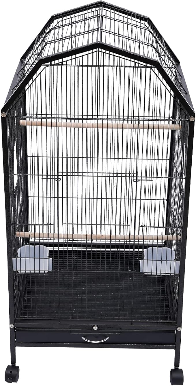 40-Inch Wrought Iron Bird Cage with Open-Top and Rolling Stand, Movable Parrot Cage Pet Bird Flight Cage, 360 Degree View Spacious Interactive Roof Pet Bird House for Medium&Small Birds