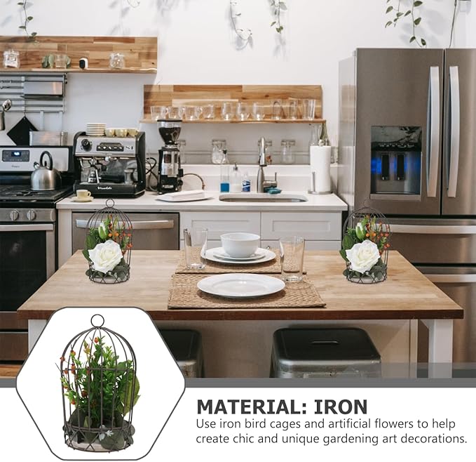 BESTOYARD Hanging Bird Cage Decor with White Simulation Rose Flowers for Home Wedding Table and Garden Ornament