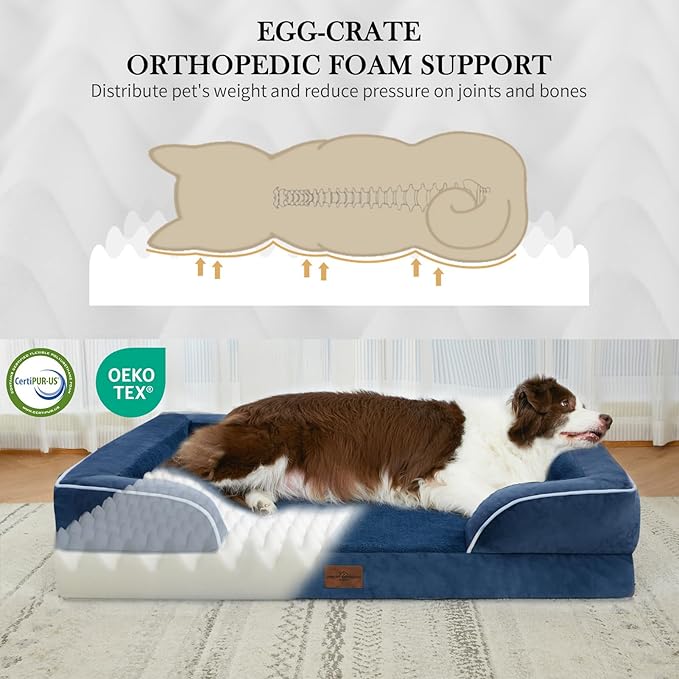 Comfort Expression Large Dog Beds, Waterproof Dog Beds Orthopedic Foam, Dogs Sofa Comfy Pet Beds with Washable Removable Cover & Non-Slip Bottom(Large,Navy Blue)