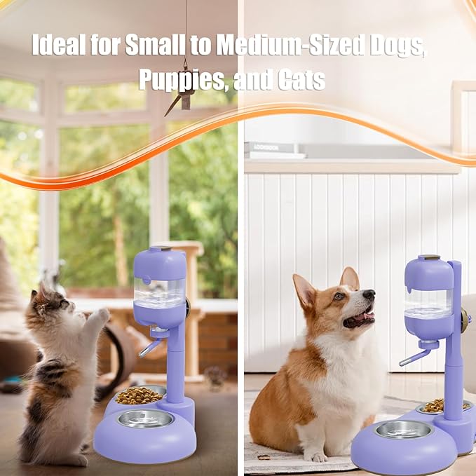 Dog Bowls with Puppy Weaning Bottles,3 in 1 Bowl Set with Water Dispenser and 2 Food Grade Stainless Steel Dog Bowls,15°Tilted Cat Food and Water Bowl Set for Cats,Bunnies,Ferrets