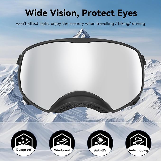 Dog Sunglasses UV Protection Clear Dog Goggles Windproof Glasses with Elastic Straps for Medium-Large Breed, Black Frame + Silver Lens