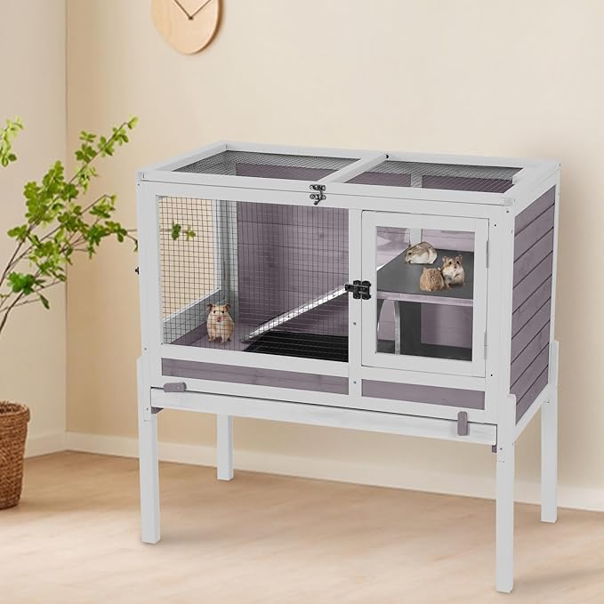 AIVITUVIN Wooden Guinea Pig Cage Indoor with Cooling Plate and Anti-Chewing Edges Two-Story Rabbit Hutch Pull Out Tray Outdoor Rabbit Cage with Raised Stand and Wire Mesh Small Animals Cage (Grey)