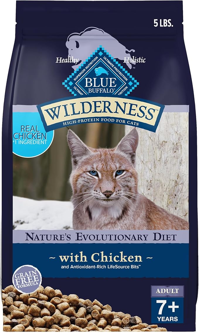 Blue Buffalo Wilderness Natural Mature Dry Cat Food for Cats 7+ Years, High-Protein and Grain-Free Diet, Supports Immune System Health and Energy to Stay Active, Chicken, 5-lb. Bag