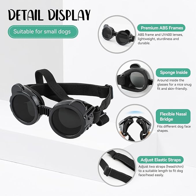 Dog Goggles for Small Breed UV/Wind/Dust Protection Puppy Sunglasses with Adjustable Strap - Black