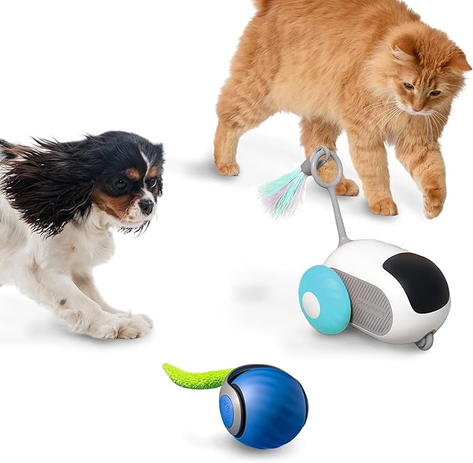 1pc Interactive Automatic Remote Control Cat Mice Car Toy and 1pc Smart Electric Moving Speedy Cat Ball Toy with Feather Tail, Suitable for Dogs, Keep Busy, Stimulating, Rechargeable (Blue)