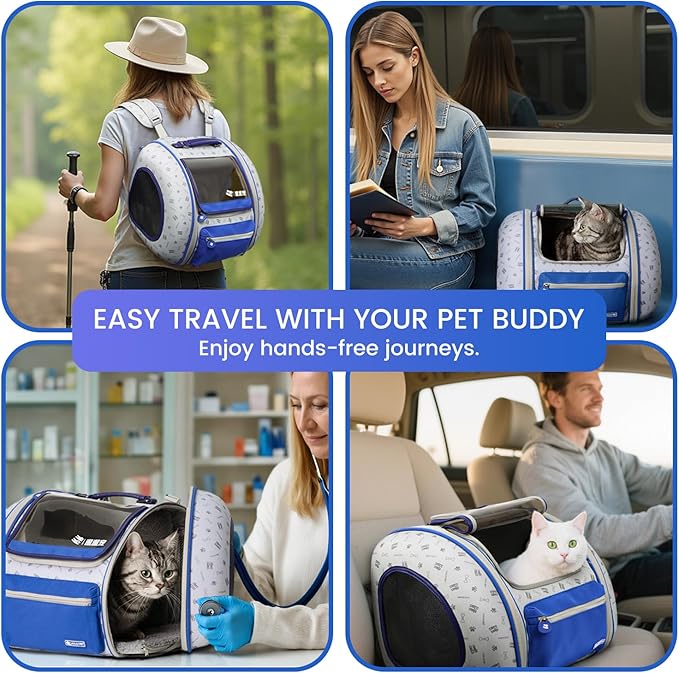 Cat and Dog Backpack Carrier, Foldable Breathable Pet Carrier Backpack with Mesh Ventilation, Large Portable Outing Traveling Pet Bag for Small, Medium Cats, Small Dogs, Blue