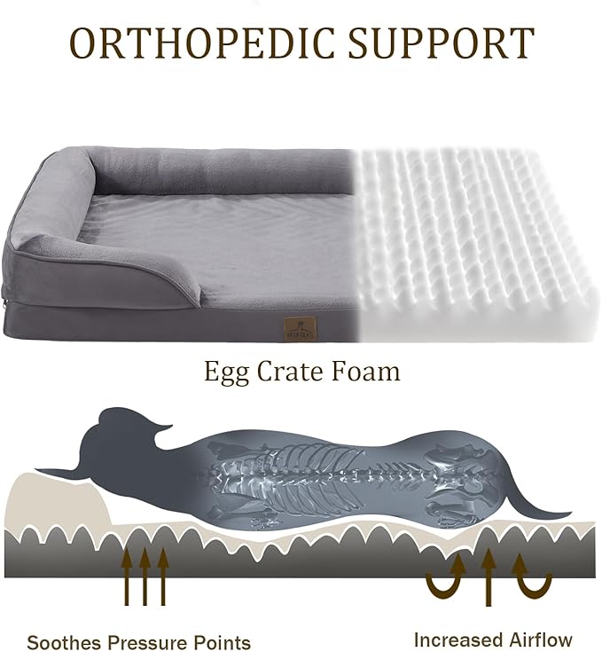 Bedfolks Orthopedic Dog Bed, Waterproof Dog Sofa Bed for Large Dogs, Egg Foam Pet Couch Bed with Removable Washable Cover and Nonslip Bottom, Dark Grey