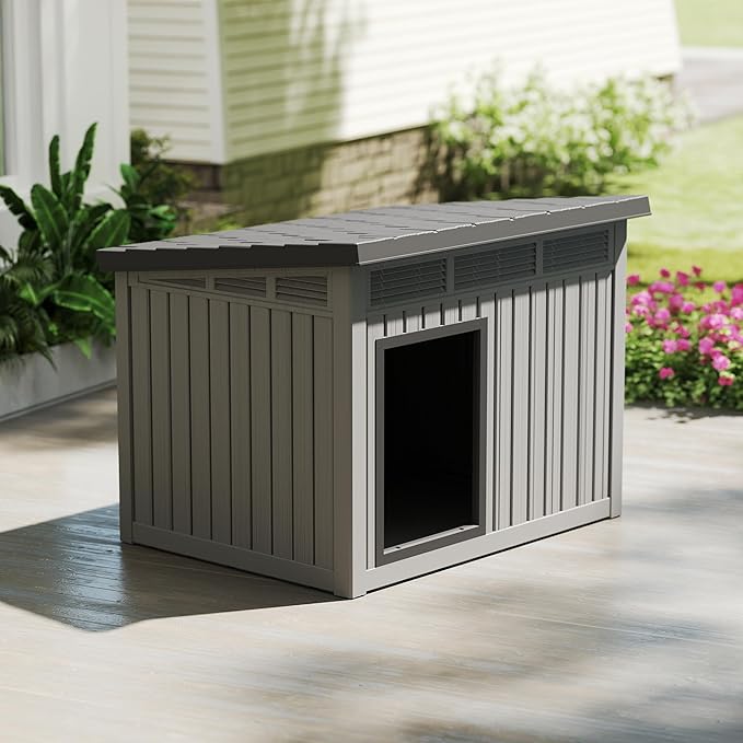 Dog House Indoor Outdoor,Resin Waterproof Puppy Shelter with Air Vents and Elevated Floor,Air Rod on Top to Open,Dog Kennel for Small to Large Dogs(Grey,42.87 * 32.95 * 31.61)