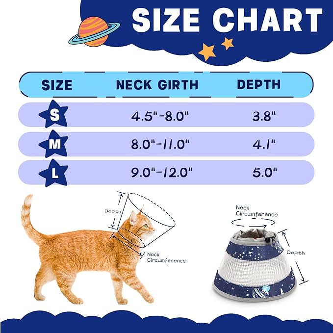 Breathable Air Mesh Cat Cone Collar Soft - Adjustable Recovery Collar to Stop Licking After Surgery, Foldable Lightweight E-Collar for Cats & Kittens (Sky Star, S)