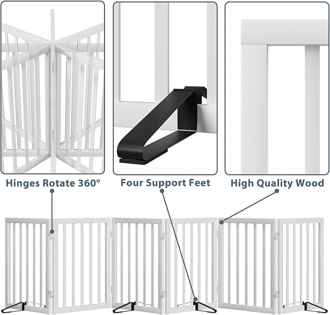Dog Gates for Doorways Extra Wide 110inches (9ft), Wooden Freestanding Pet Gates for Dogs with 4 Support Stands, Foldable Gates for Dogs Indoor