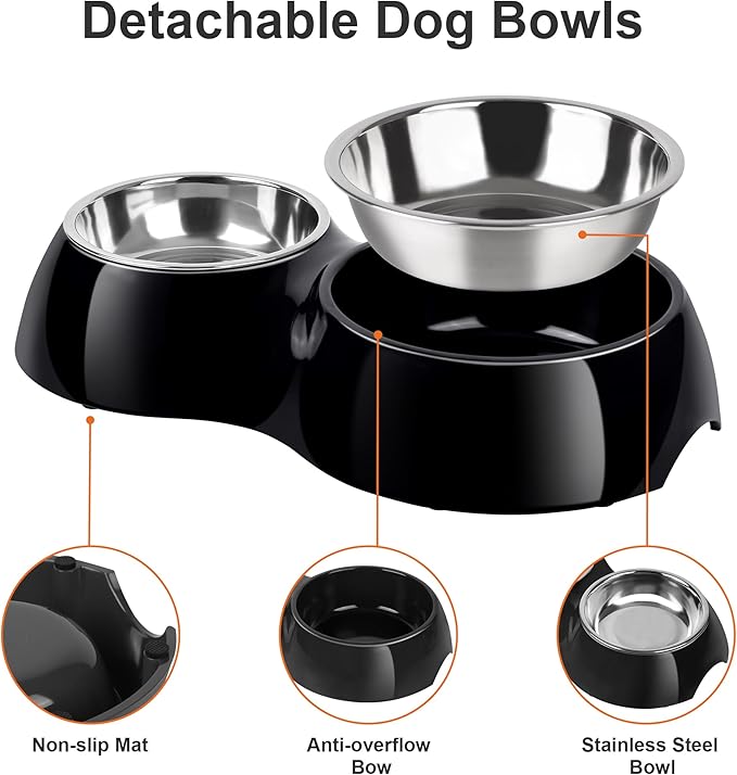 Double Dog Bowls Set – Non-Slip Pet Food & Water Dishes with Resin Stand, Includes Small (1 Cup) & Medium (2 Cups) Bowls – Ideal for Puppies, Cats, and Medium Dogs –Black
