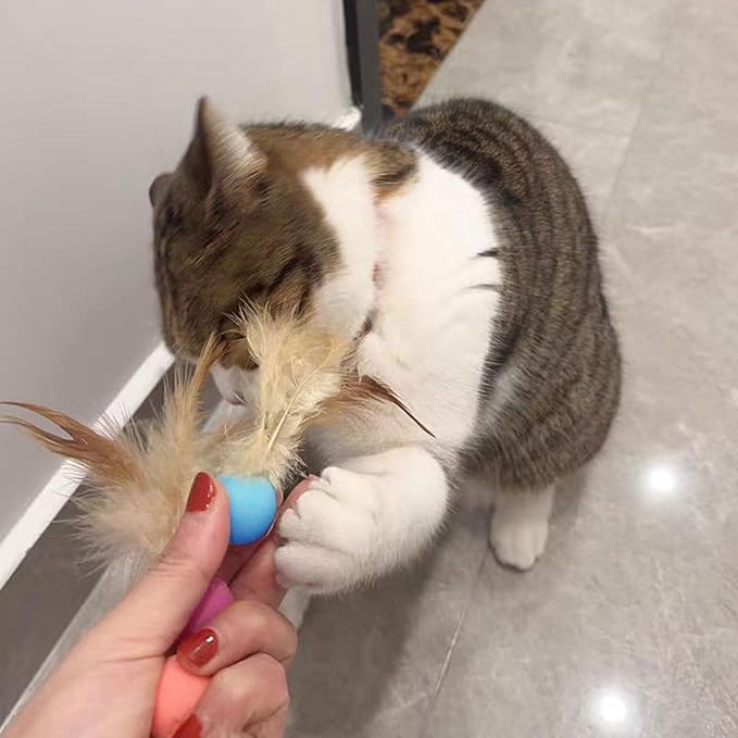 Cat Toys Balls with Feathers, 3 Pcs Interactive Cat Bouncy Balls for Indoor Cats and Playful Kittens, Rubber Kitten Ball Toys for Interactive Playing, Chase Training and Hunting Exercise