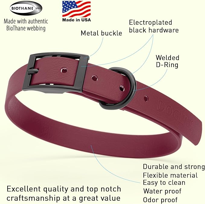 Dogline Biothane Waterproof Dog Collar Strong Coated Nylon Webbing with Black Hardware Odor- Proof for Easy Care Easy to Clean High Performance Fits Small Medium or Large Dogs, Merlot Burgundy
