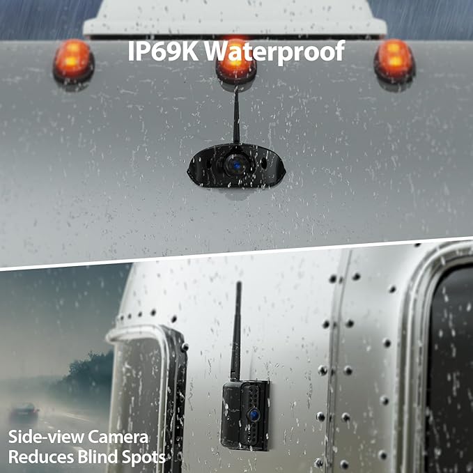 10.1" RV Backup Camera Wireless System Plug and Play, Pre-Wired for Furrion RV Trailer Camper Motorhome, HD 1080P Split-Screen DVR Monitor with 1 Rear View & 2 Side View Cameras, BY503
