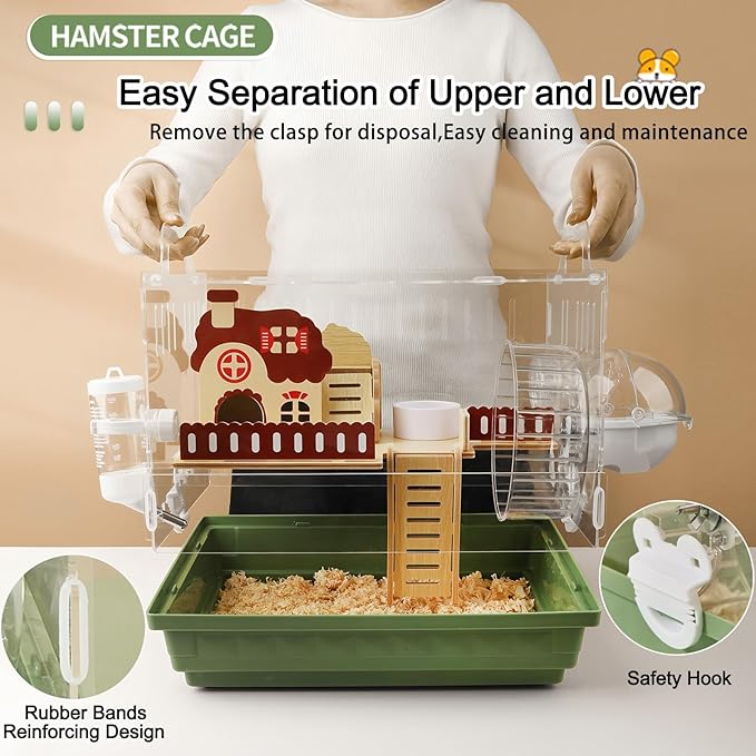 8 in 1 Clear Acrylic Hamster Cage with All Accessories,13.5''L* 10''W* 13''H Dwarf Hamster Cage,Small Hamster Habitat,Garden Style Mouse Cage for Pet Mice,Hamster Enclosure with Stairs(1-Layer)