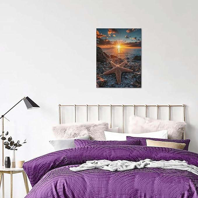 Beach Starfish Wall Decor Ocean Starfish Wall Art Sunset Scenery Coastal Theme Pictures Canvas Nature Seascape Painting Print Framed Artwork Decorations for Home Bathroom Living Room Bedroom Office 12"x16"