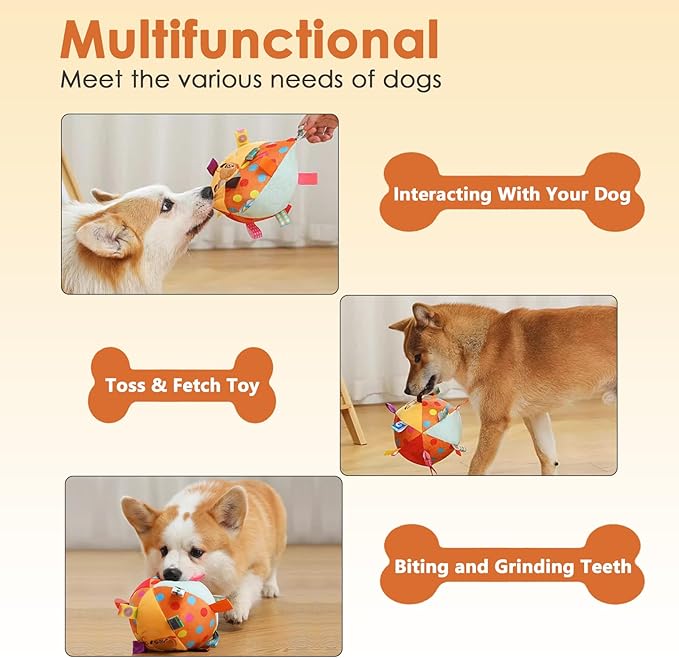 Dog Squeaky Plush Toy with Straps, 6-Inch Soft Stuffed Ball with Cotton Material and Bell Built-in, Pet Interactive Fetch Toy for Small to Large Dog