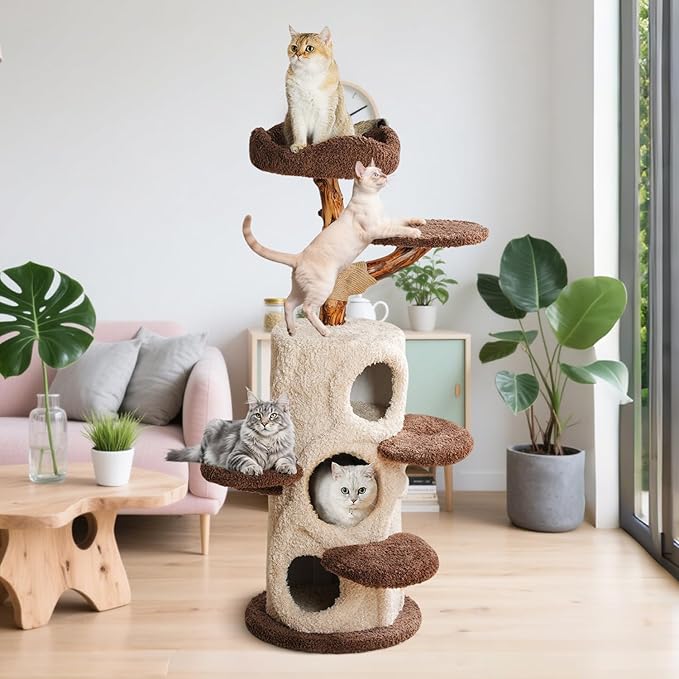54.7'' Modern Cat Tree for Indoor Cats Large Adult, Wood Cat Tree with 3 Spacious Condos, Luxury Cat Tower with Cozy Perch, Scratching Post, Sturdy Kitty House Furniture for Small Medium Large Cats